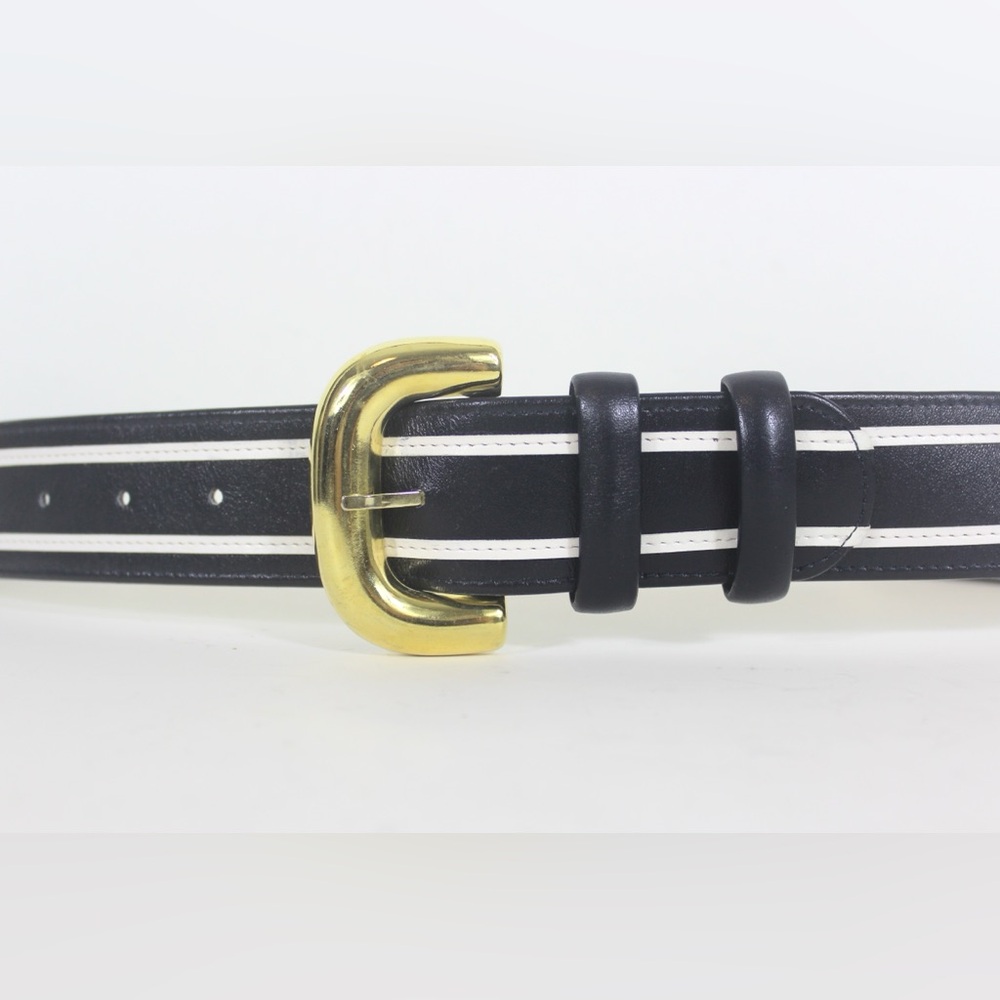 True Vintage 1970’s Black and White Leather Belt with Gold Buckle W. Germany